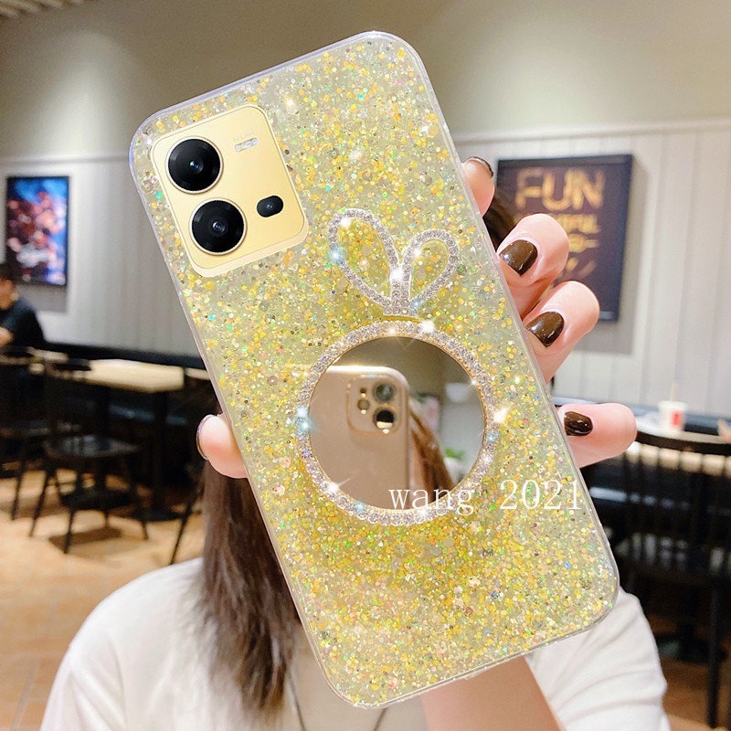 Ốp Điện Thoại Silicon Mềm Đính Đá Lấp Lánh Gắn Kèm Gương Trang Điểm Cho VIVO Y16 V25 V25e 5G Y35 2022 Y22 Y22s 2022