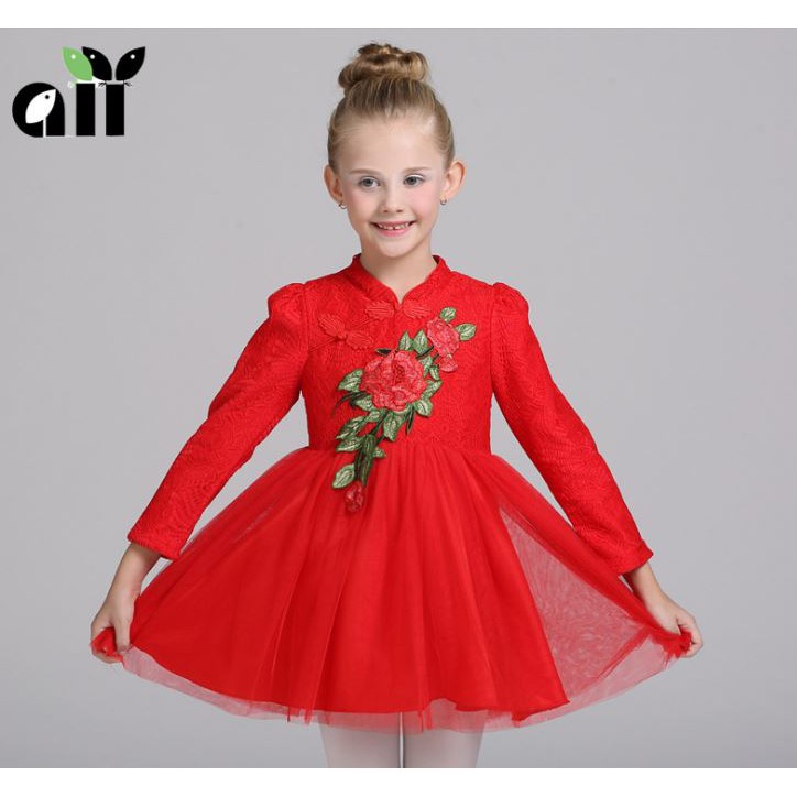 Đầm ren đỏ tay dài kết hoa 3d cho bé gái diện Noel và tết