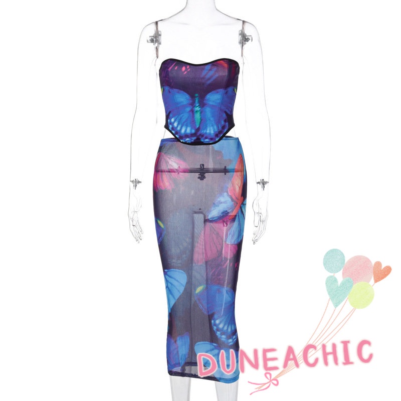DUNEA Bộ đồ 2 món gồm áo ống in hình bướm và chân váy midi xinh xắn cho nữ