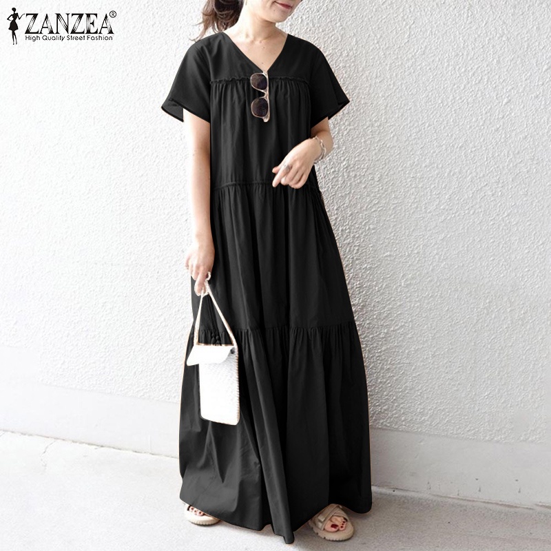 Đầm dài Zanzea cổ chữ v tay ngắn màu trơn thời trang phong cách Hàn Quốc cho nữ