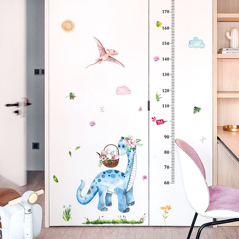 Decal dán tường đo chiều cao hình chú khủng long đáng yêu cho phòng của bé