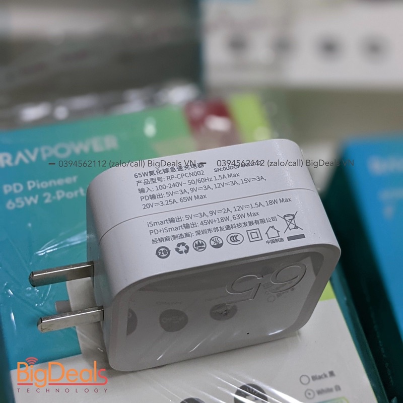Củ sạc 2 cổng type C Pd và USB Ravpower RP-CNCN002 65W GAN - BigDeals VN