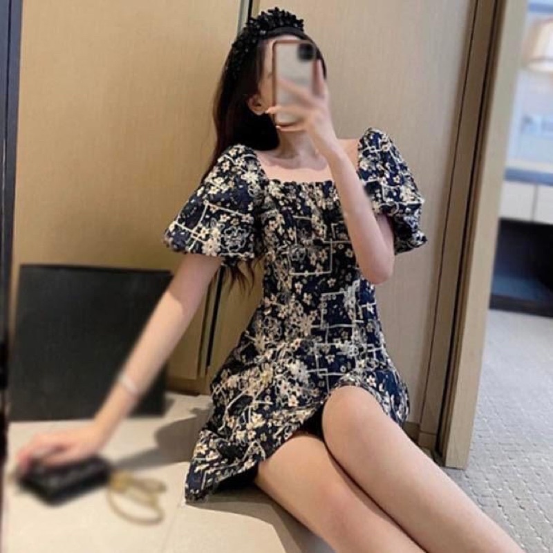 Đầm kiểu nữ dáng suông xoè tay ngắn hoa retro mặc hai kiểu trễ vai dày dặn - Order taobao quảng châu