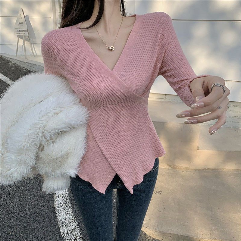 [MURIOKI] Áo Dệt Kim Cổ Chữ V Thiết Kế Đan Chéo Thời Trang Mùa Thu Cho Nữ