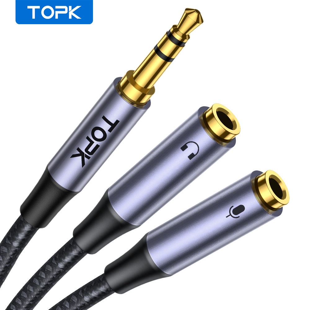 Cáp chia tai nghe AUX TOPK từ một đầu cắm 3.5mm sang hai cổng cắm AUX tiện dụng