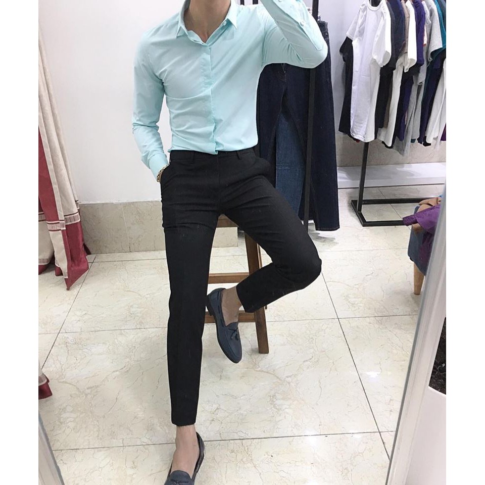 Sơ mi nam xanh cao cấp. Vải lụa không nhăn không xù.