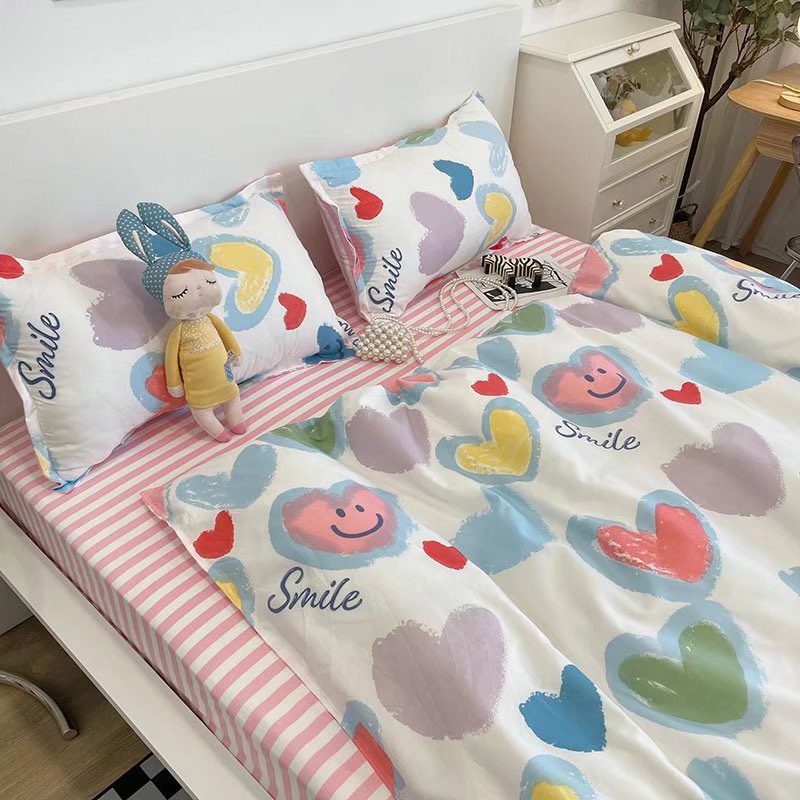 Bộ chăn ga gối cotton poly Lidaco decor phòng ngủ vintage - tim mặt cười (SP001468)