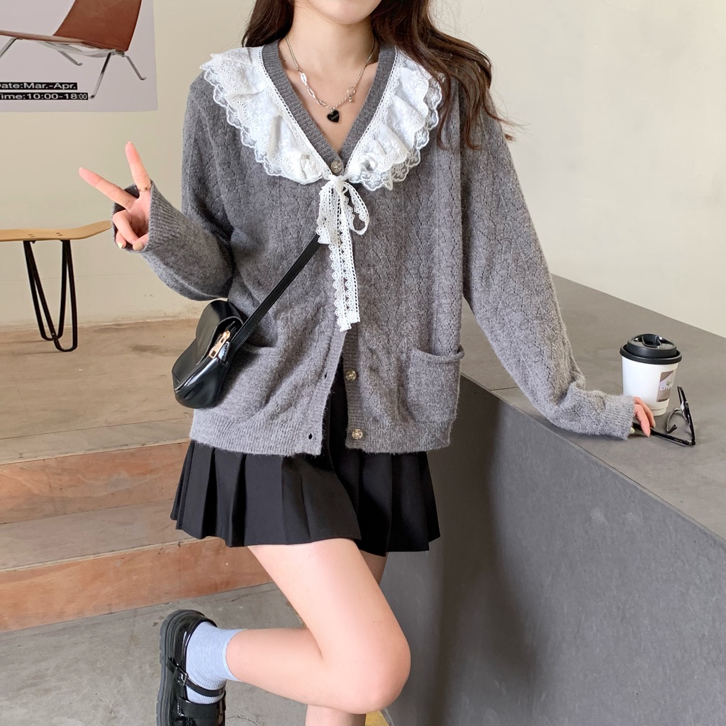 Áo len dài tay màu xám đậm của phụ nữ phong cách Nhật Bản nhẹ nhàng thiết kế áo khoác len cardigan