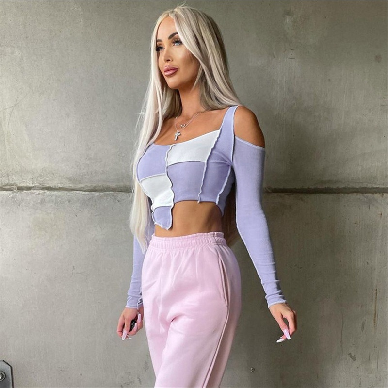 Hum patchwork t-shirt phụ nữ dài tay thời trang mùa hè slim crop top áo thun dài tay