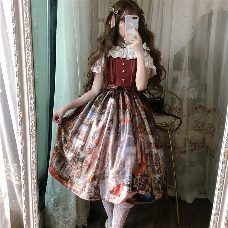 Đầm Lolita cổ điển họa tiết tranh sơn dầu hoàng gia