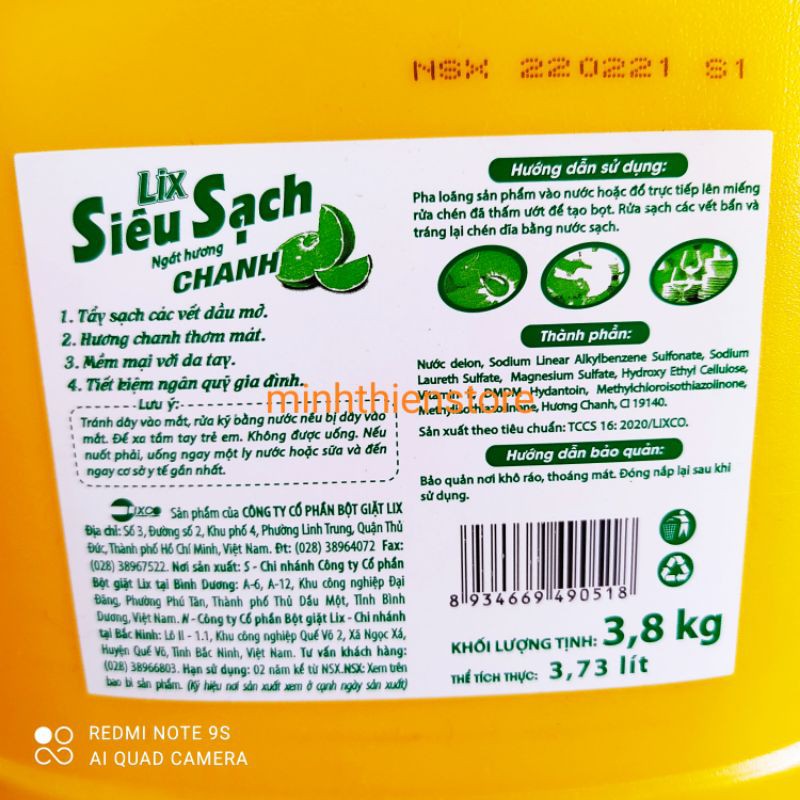 Nước rửa chén Lix siêu sạch siêu tiết kiệm ngát hương chanh can 3.8 kg