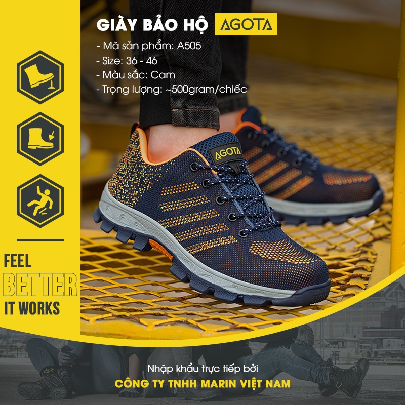 Giày bảo hộ lao động AGOTA A505 siêu bền màu cam, có mũi thép chống va đập, đế lót thép chống đâm xuyên