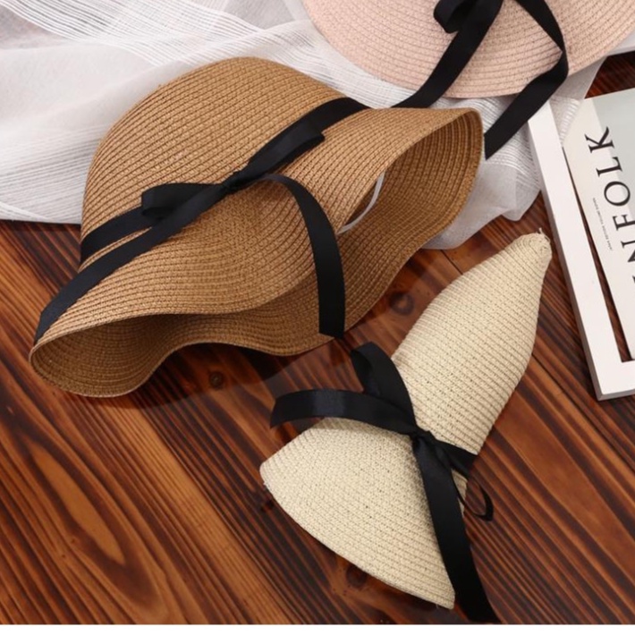 Mũ cói đi biển Cloche - mũ chuông vành rộng - viền dây nơ đen dài