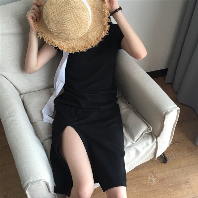 Váy xẻ đùi vải cotton mát cộc tay, xẻ trước nhìn chân sẽ dài hơn, trẻ trung, kín đáo sexy  Size dành cho người dưới 52kg