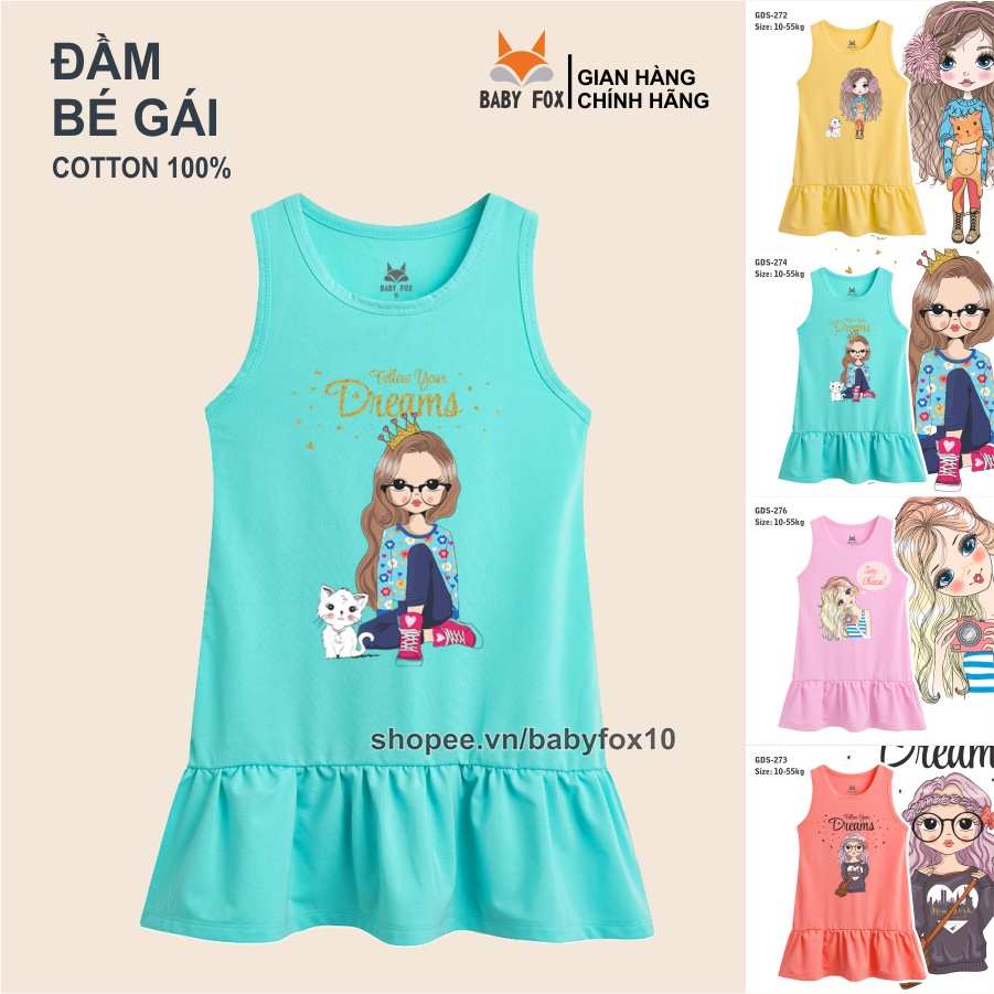 Đầm bé gái 100% cotton loại tốt, thương hiệu BABY FOX, in hình bé gái, size nhỏ, trung, đại b