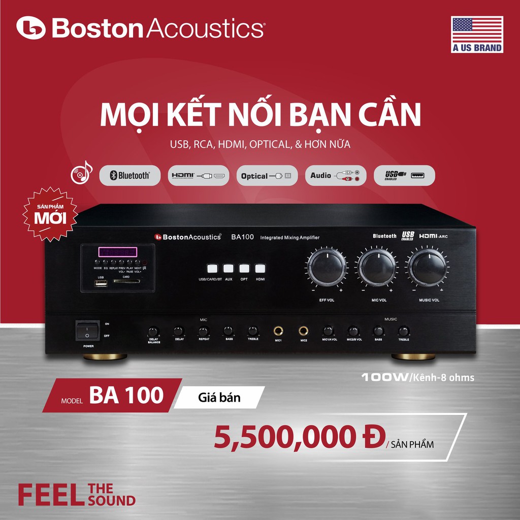 Ampli liền vang Boston Acoustics BA100 Công suất 100W/ 1 kênh,Hàng nhập khẩu chính hãng USA, có optical, bluetooth...