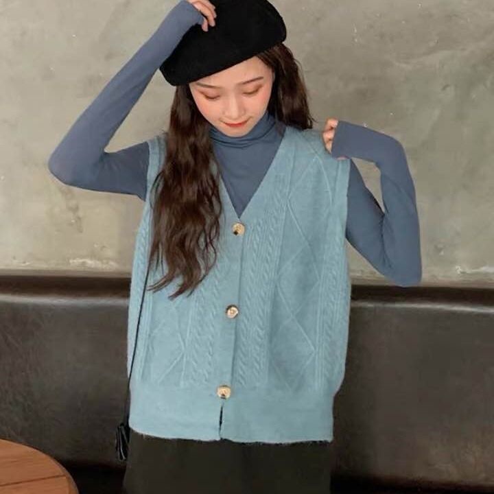 Áo len không tay cổ chữ v form rộng phong cách Hàn quốc