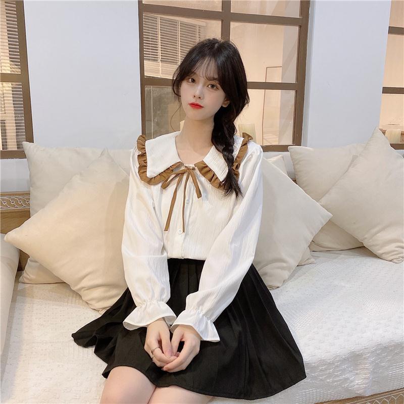 Áo sơ mi tay dài cổ búp bê phong cách retro thời trang Pháp