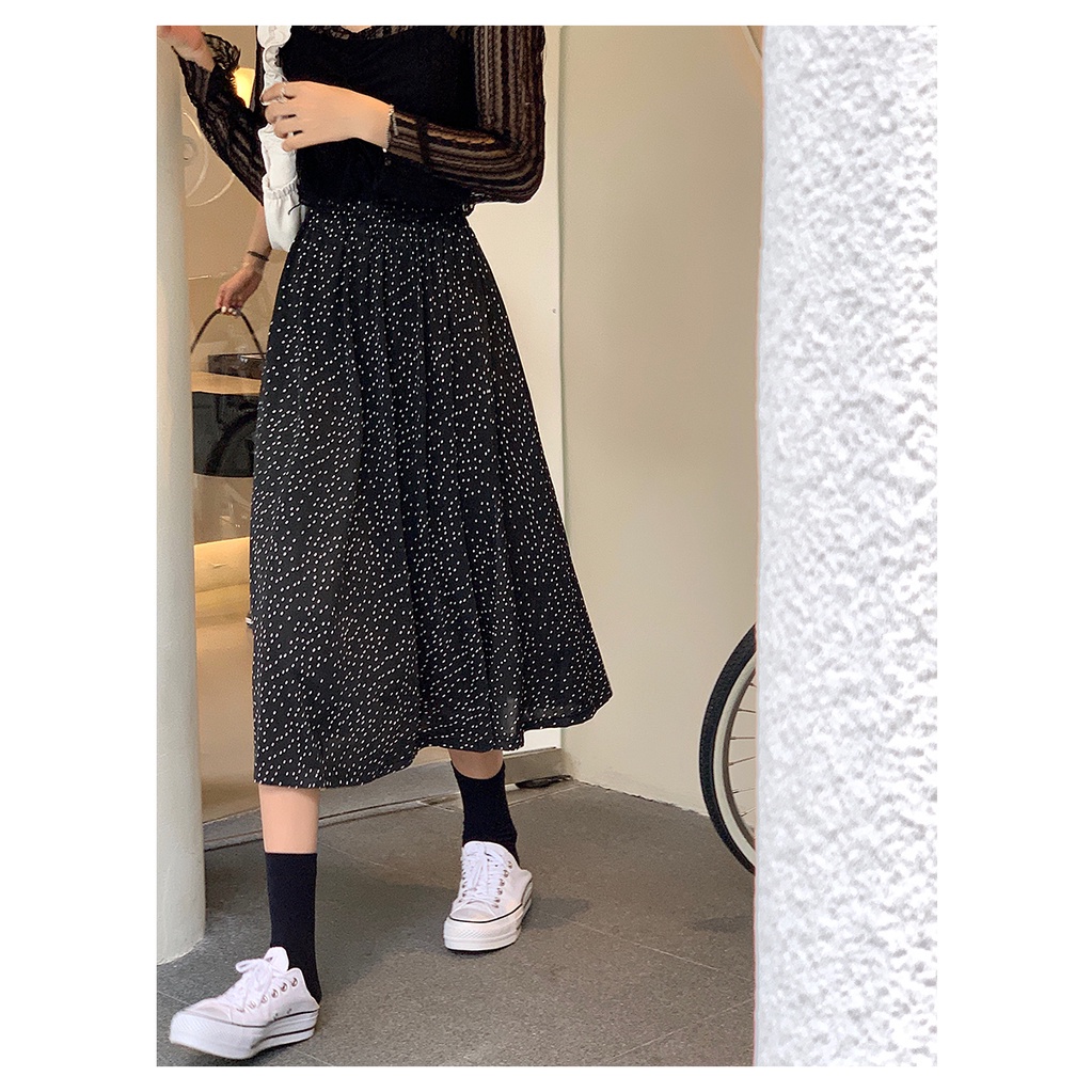 SUXI Chân váy chữ a lưng cao họa tiết chấm bi màu đen thời trang mùa hè cho nữ