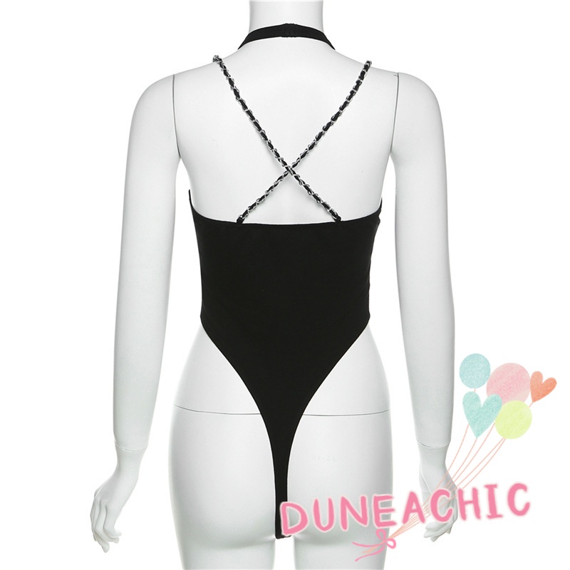 DUNEA Bộ Áo Liền Quần Hở Lưng Phối Dây Xích Gợi Cảm Cho Nữ