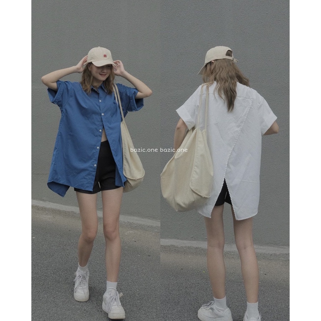 Áo váy sơ mi oversize xẻ lưng, áo sơ mi dáng dài xẻ sau Aosmxesau1171