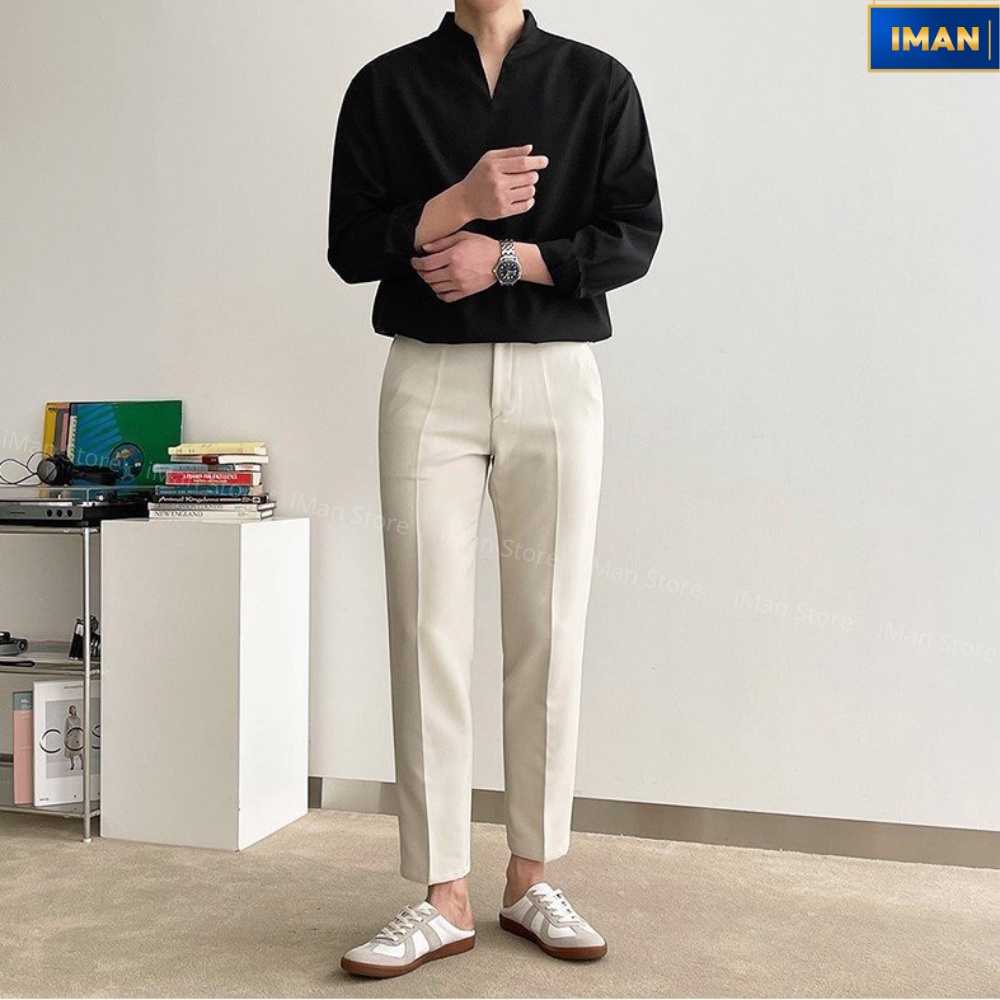Sơ Mi Nam Cổ Tàu - Cổ Chữ V Hàn Quốc form Rộng Unisex, Áo Sơ Mi Nam Nữ Dài Tay iManlux
