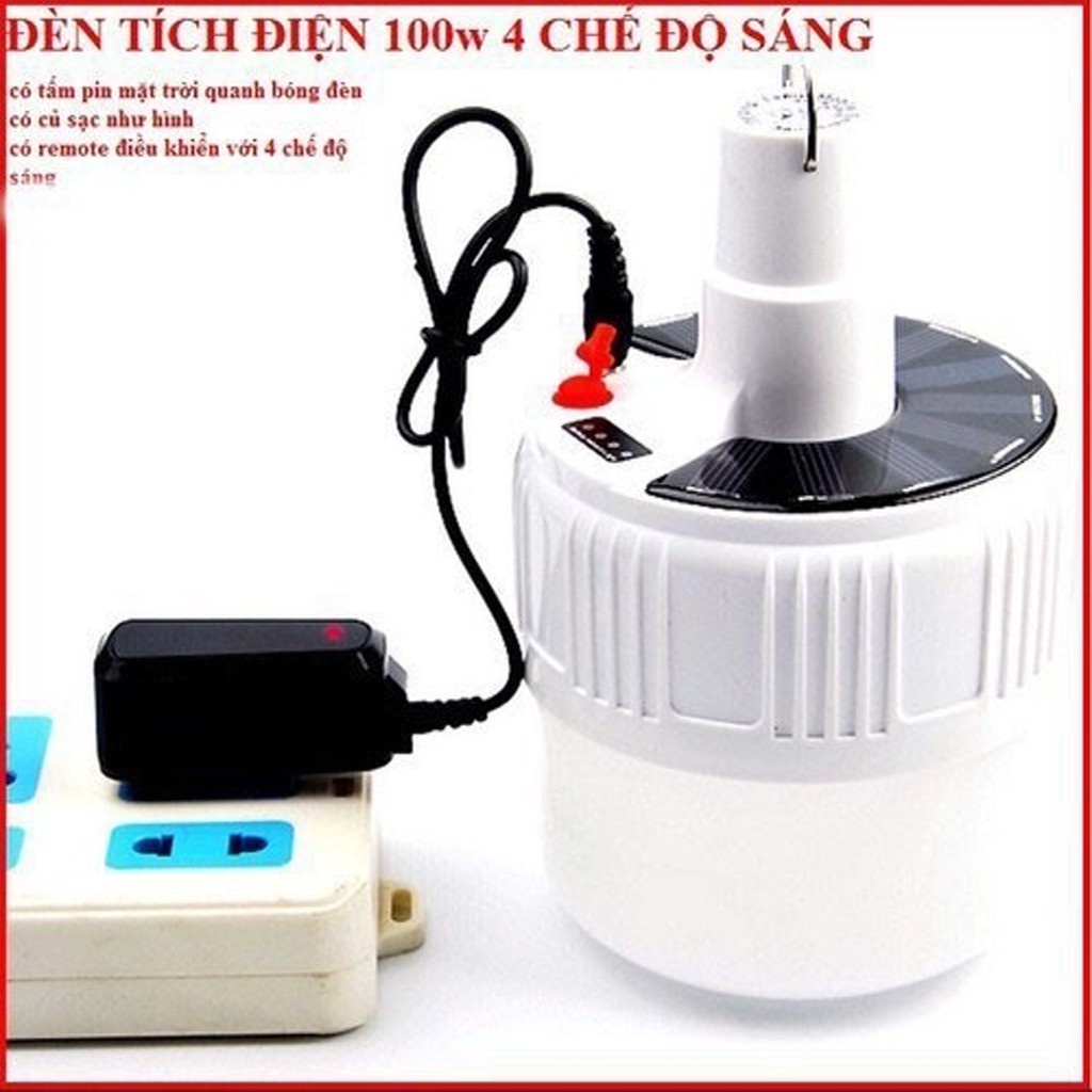 Bóng đèn tích điện 100W, điều khiển từ xa, có tấm pin mặt trời thu năng lượng, kèm củ xạc