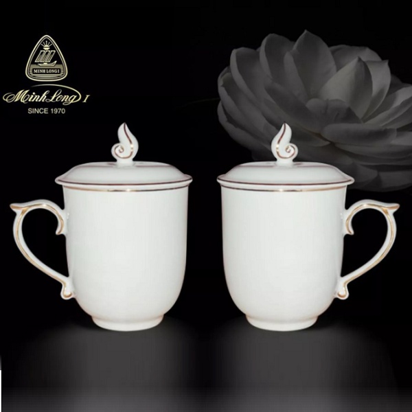 Ly sứ uống trà có nắp viền vàng sứ Minh Long - ly sứ uống trà có nắp viền vàng minh long