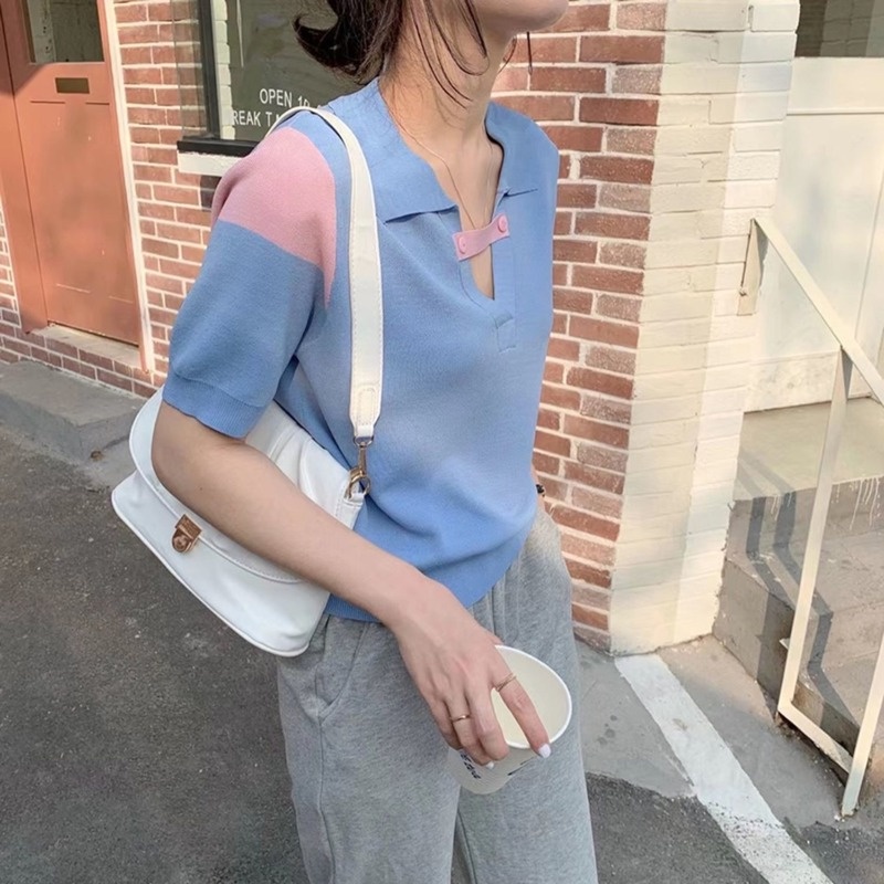 Áo Thun Dệt Kim Tay Ngắn Dáng Rộng Thiết Kế Mới Thời Trang Theo Phong Cách Hàn Quốc