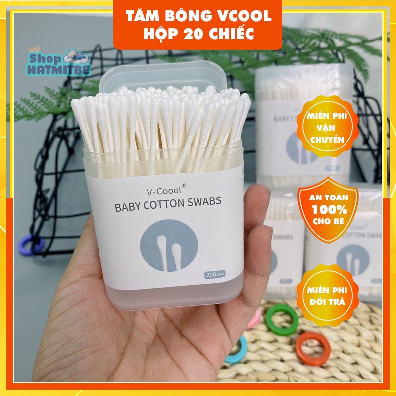 TĂM BÔNG VCOOL HỘP 200 CHIẾC LÀM SẠCH VÙNG MẮT, TAI, MŨI CHO BÉ