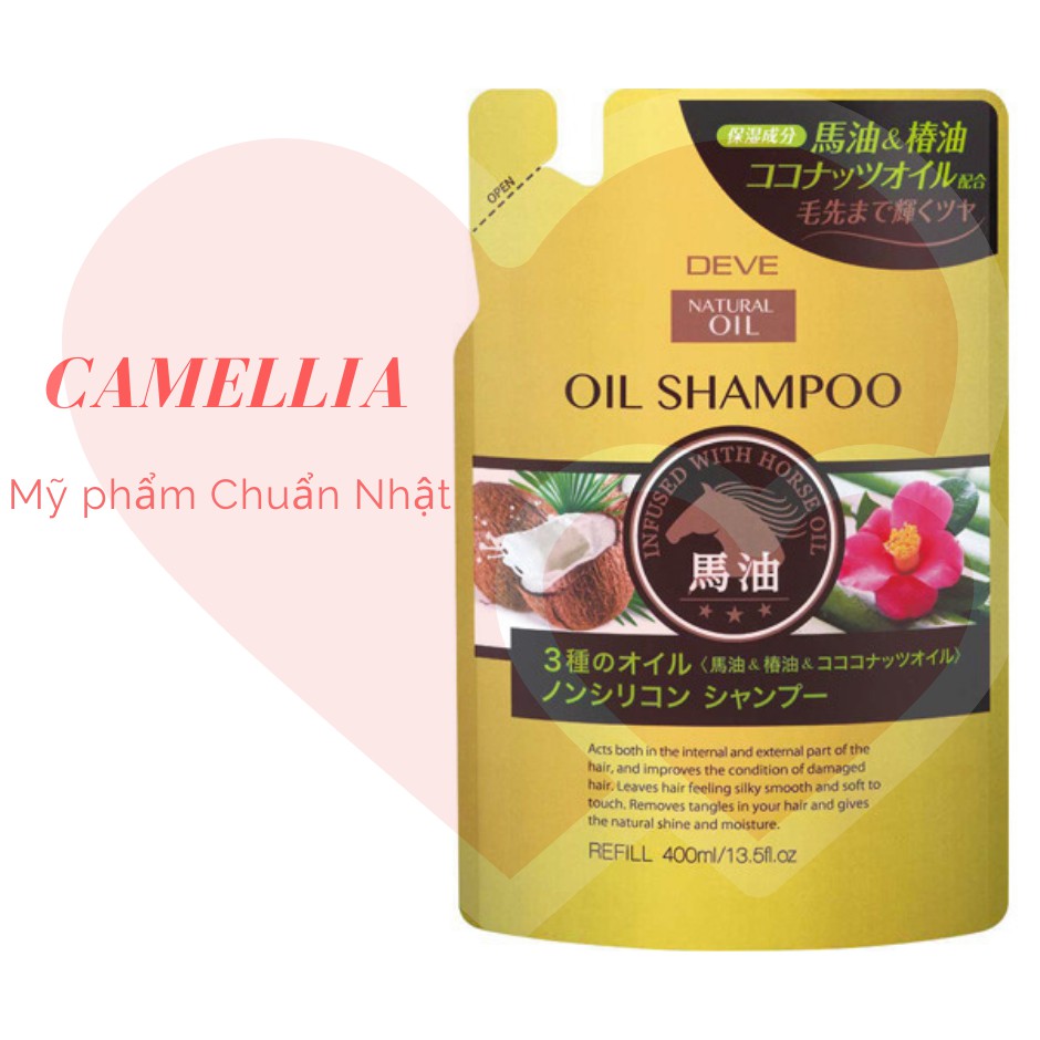 Dầu gội chiết xuất từ dầu ngựa, dầu dừa, dầu hoa trà Deve Natural Oil Shampoo 400ml (dạng túi)