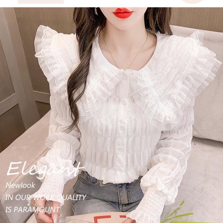 Áo Ren Tay Dài Cổ Búp Bê Phong Cách Phương Tây Ngọt Ngào