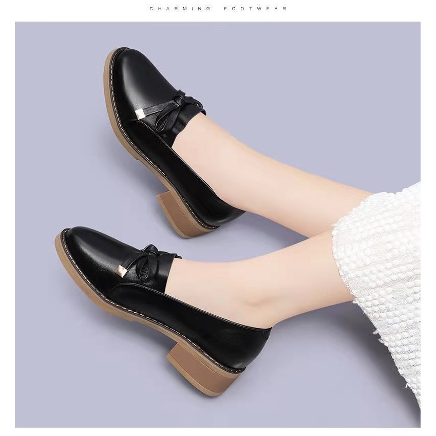 Giày Da Nữ Giày Búp Bê Đính Nơ 4 Phân Phong Cách Nhật Bản