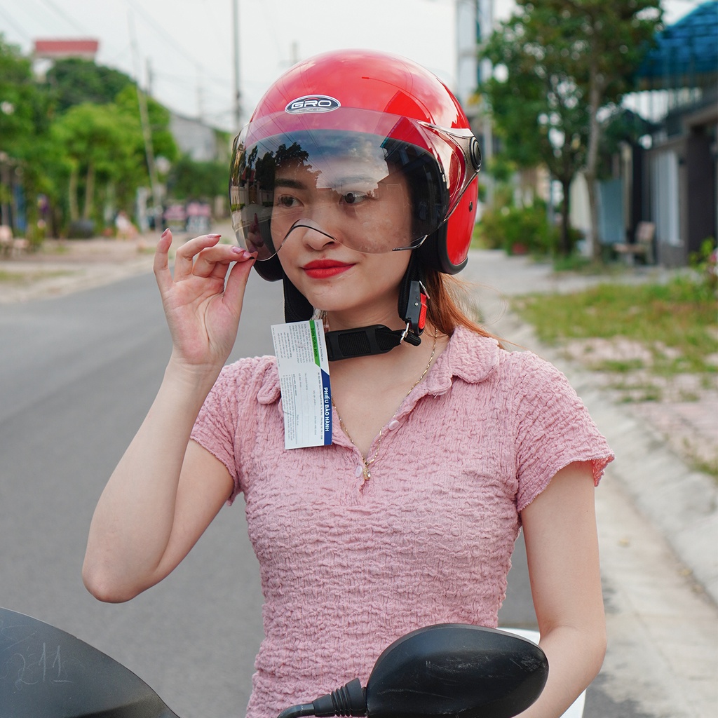 Mũ Bảo Hiểm 3/4 đầu GRO Helmet T818 có kính ngắn che nửa mặt, kiểu dáng thời trang cho nữ, khóa kim loại - Đỏ Tươi