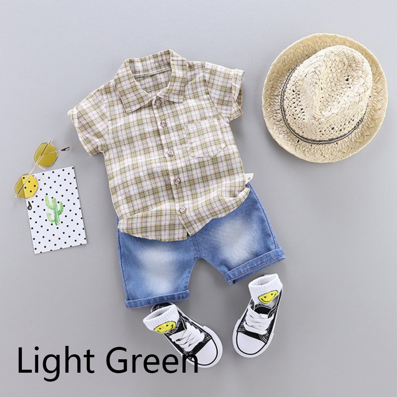 Set áo sơ mi kẻ sọc caro + quần short jean thời trang năng động cho bé trai