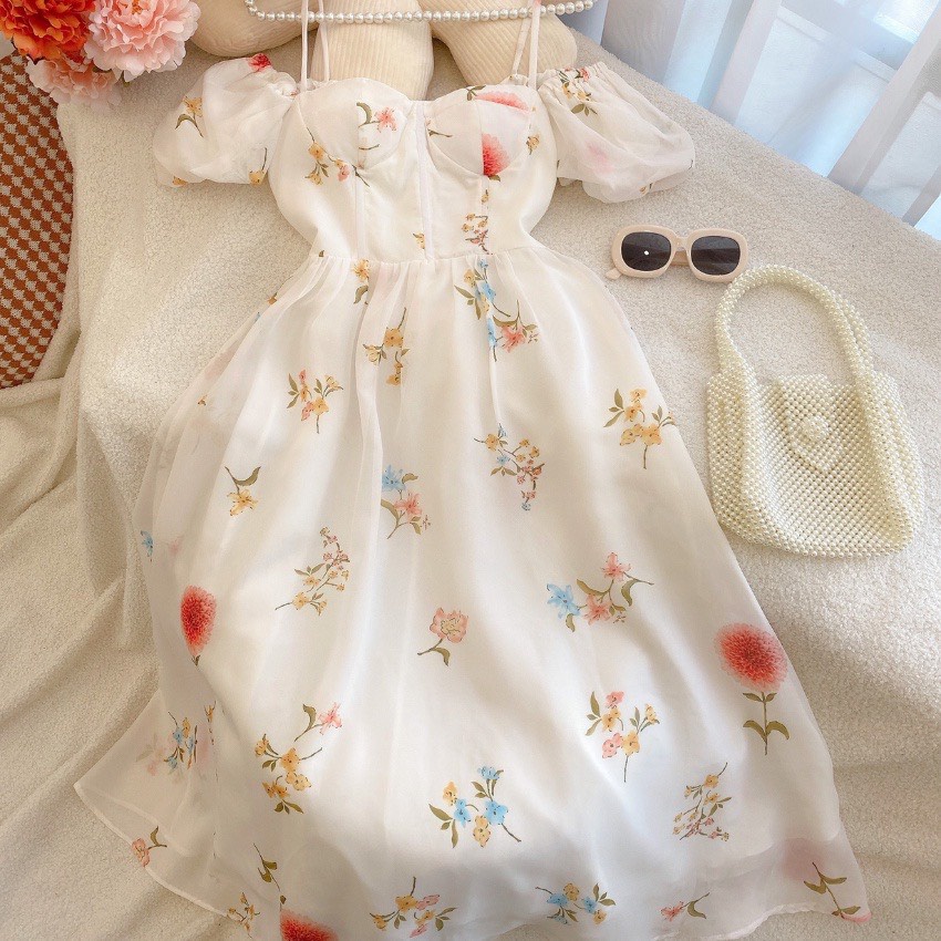 Đầm 2 dây voan hoa bẹt vai