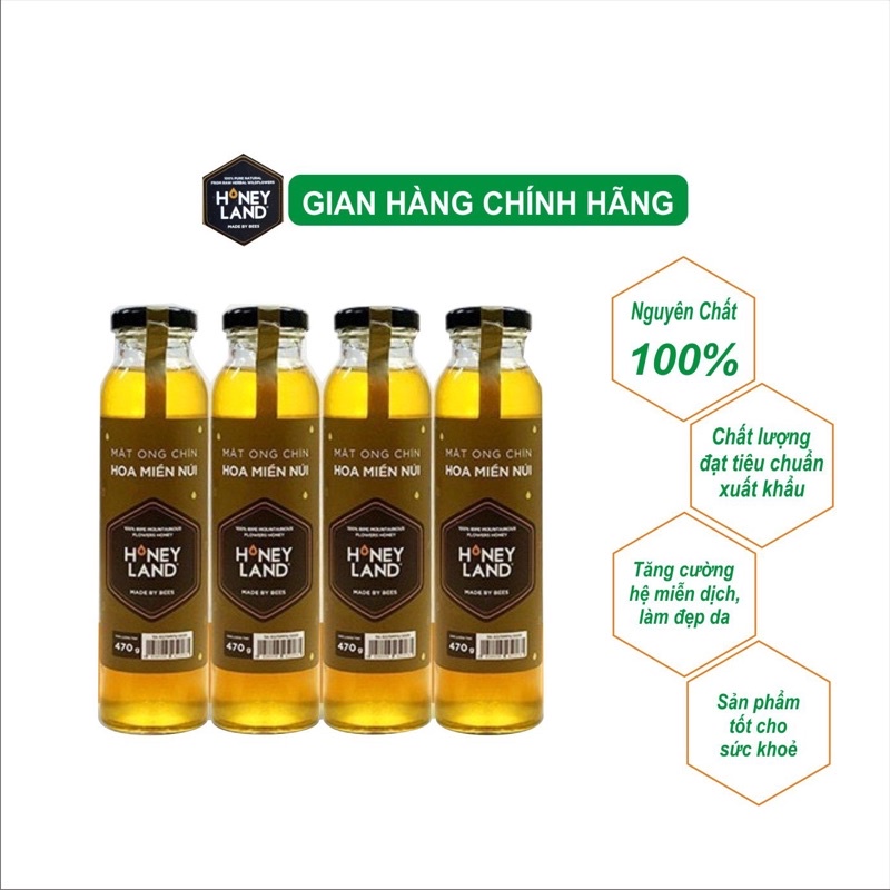 Combo 4 chai mật ong chín hoa Miền Núi HONEYLAND tổng 1880g mật ong thiên nhiên nguyên chất