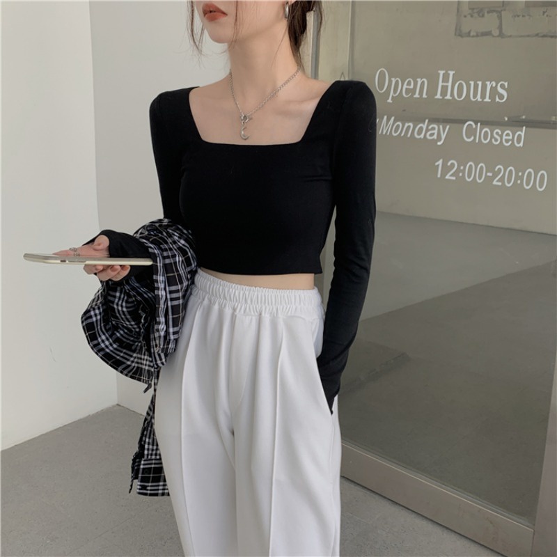 Áo thun Croptop nữ Madela cổ vuông dài tay dài , Áo croptop dài tay nữ ôm body cổ vuông - ACTDT01