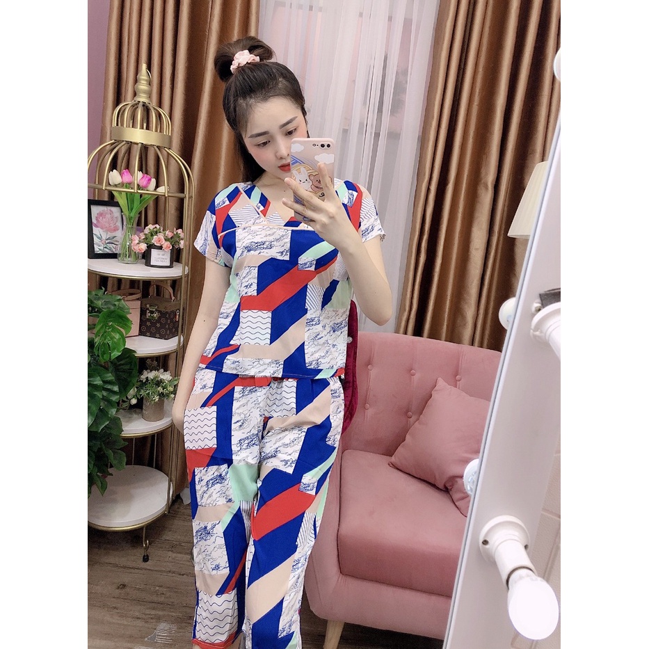 Đồ bộ lụa lửng mặc nhà họa tiết khối (LUAKHOI)