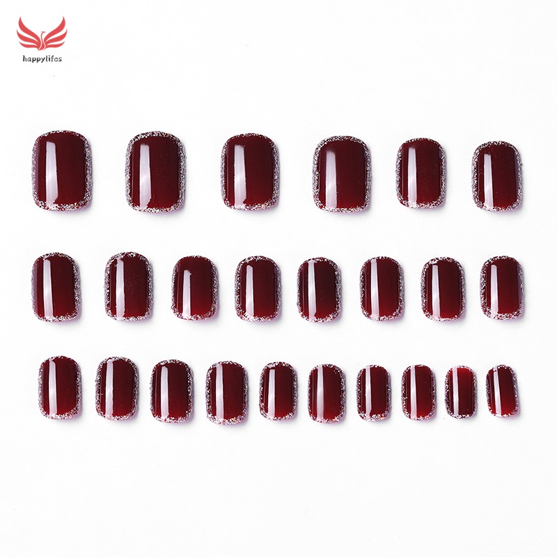 Set 24 móng tay giả màu đỏ rượu vang kiểu Pháp kèm keo dán gel thạch thời trang nghệ thuật