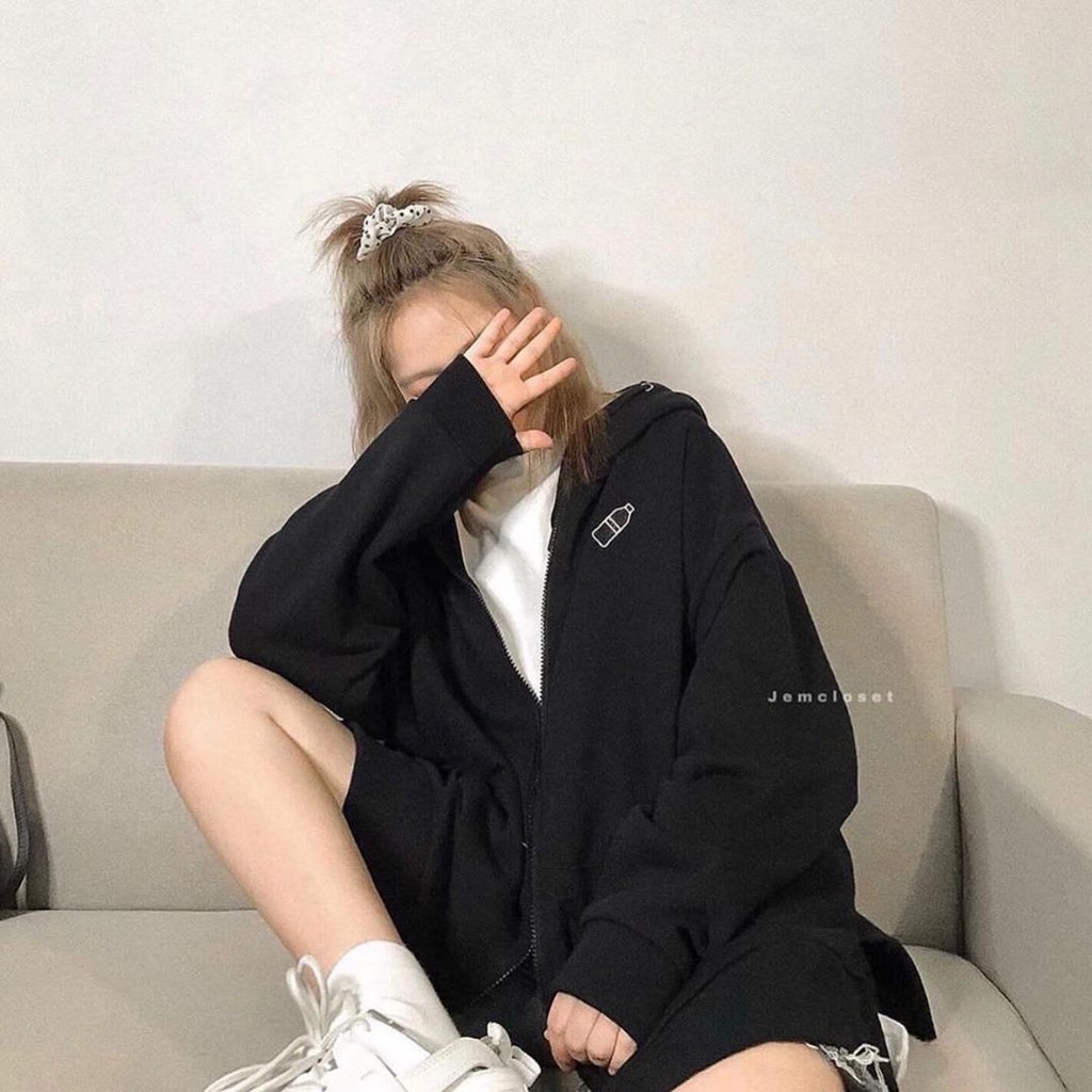 ❤ Xưởng Thời Trang Hot ✨  Áo Khoác Nỉ Hình Chai Nước Xẻ Tà Basic - Áo Hoodie Milk Dây Kéo Unisex Thêu Bình Sữa Đen Trắng