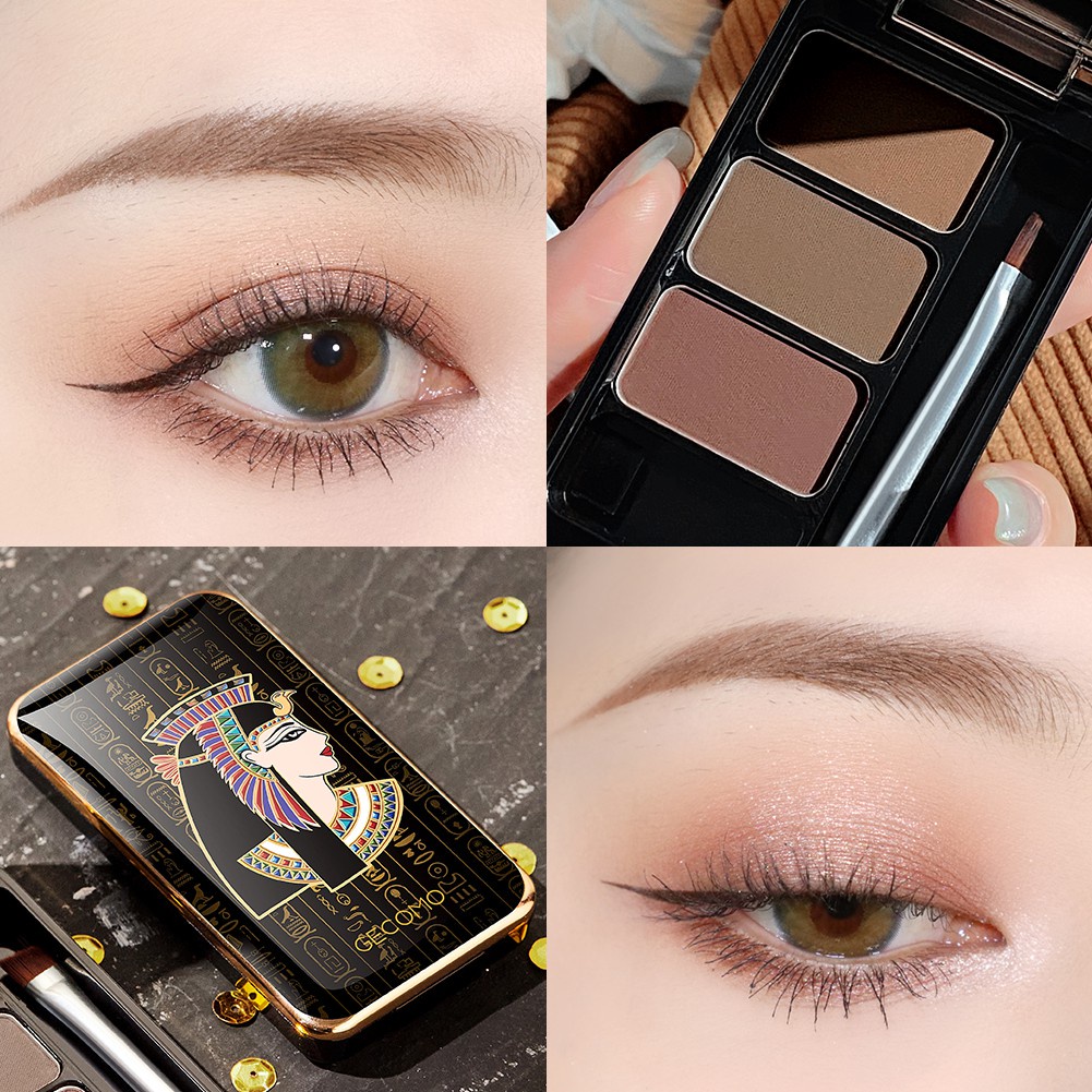 Bảng Phấn Lông Mày GECOMO 3 Màu Chống Thấm Nước Kèm Cọ Trang Điểm