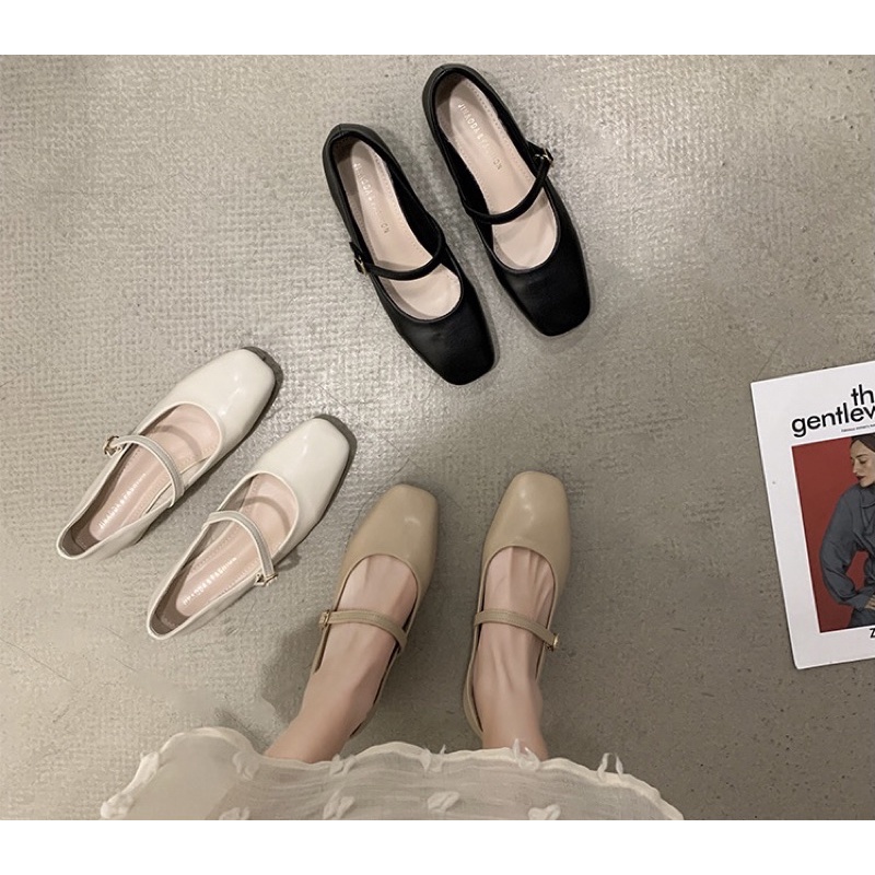 Giày búp bê có quai Mary Jane mũi vuông da PU mềm đế cao 3.5cm thanh lịch cổ điển Yannie Lolita