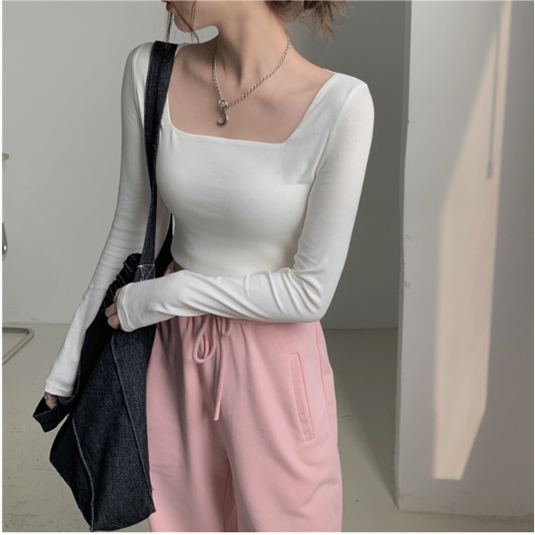 WANGJIAOZHAN Áo thun croptop dài tay cổ vuông màu trơn co giãn phong cách Hàn Quốc 3 màu lựa chọn