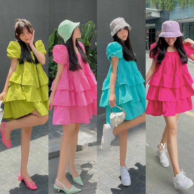 Váy suông babydoll cổ vuông tay phồng tiểu thư dáng đầm tầng ngắn xinh xắn