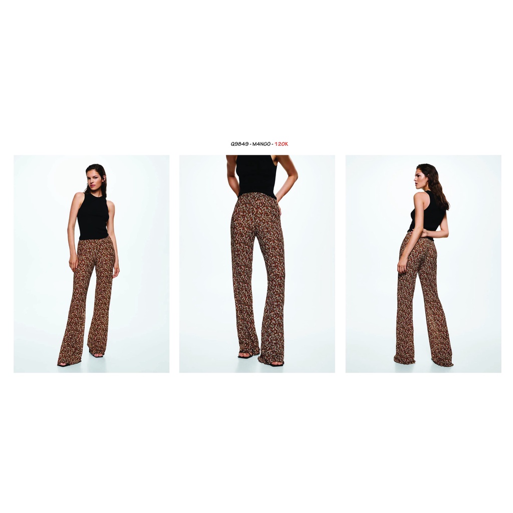 Q9849 - Quần thun ống loe Mango, xoắn lai dập ly, in hoa lá