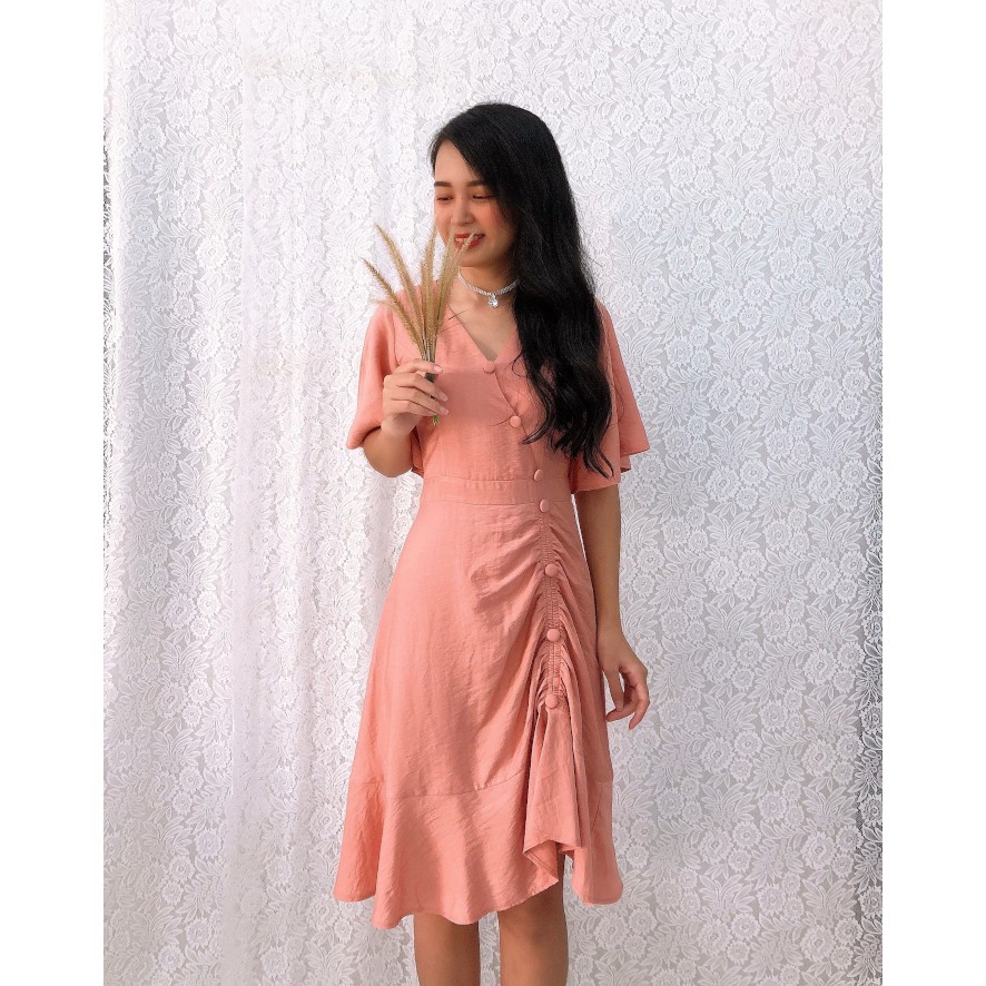 Đầm Xòe Dự Tiệc S&amp;M Tùng Rút Thun Phối Bèo, Đính Nút Sang Trọng, Giá Rẻ GR138