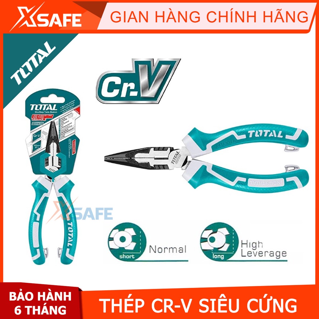 Kìm mũi nhọn mỏ dài cao cấp TOTAL size 6inch 8inch Kềm mỏ nhọn thép Cr-V chống rỉ sét, cong vênh, tay cầm cách điện