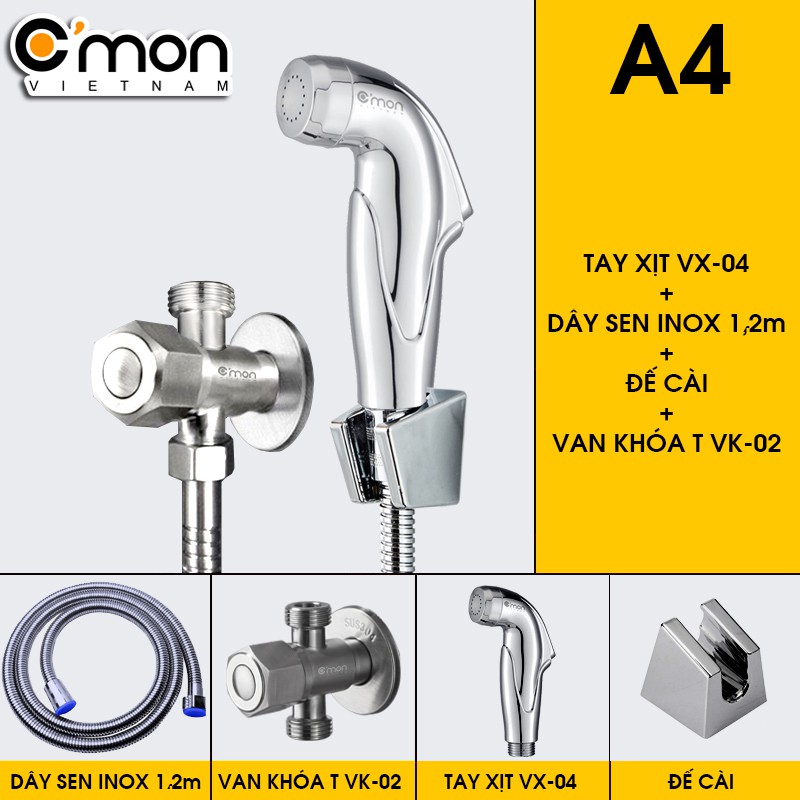 Bộ vòi xịt vệ sinh cao cấp C'mon VX-04 + Van khóa T C'mon VK-02-T