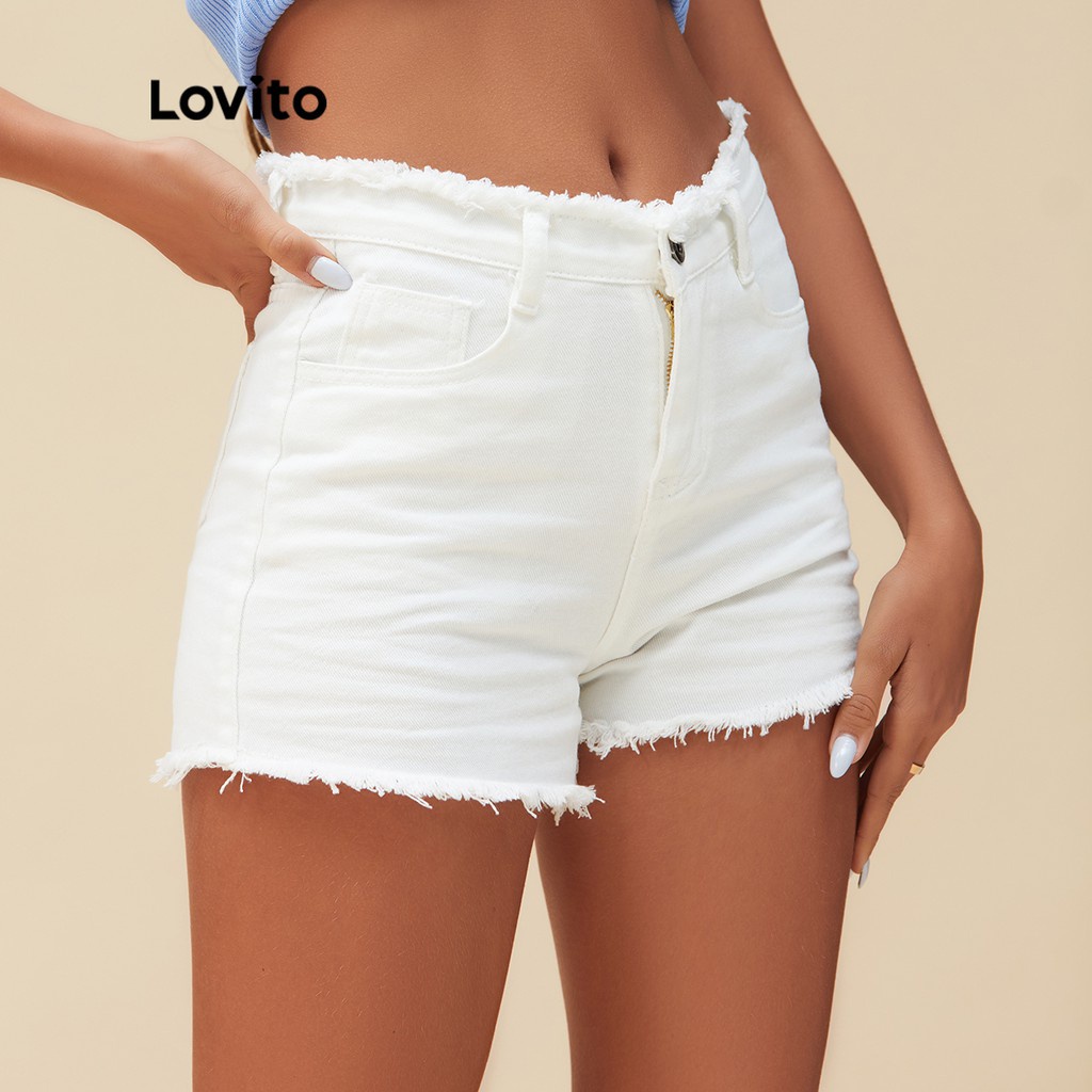 Quần short jean Lovito thiết kế đơn giản phối tua rua L14X067 (màu xanh dương đậm / trắng) | BigBuy360 - bigbuy360.vn